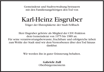 Traueranzeige von Karl-Heinz Eisgruber von Stuttgarter Zeitung / Stuttgarter Nachrichten