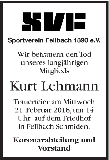 Traueranzeige von Kurt Lehmann von Stuttgarter Zeitung / Stuttgarter Nachrichten