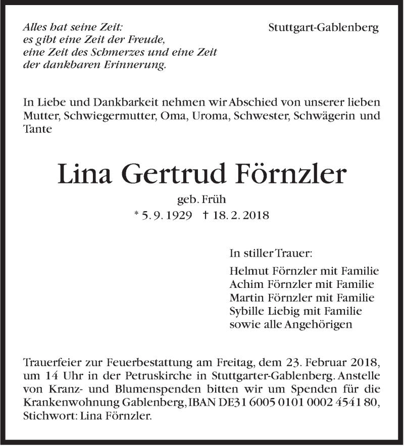  Traueranzeige für Lina Gertrud Förnzler vom 20.02.2018 aus Stuttgarter Zeitung / Stuttgarter Nachrichten