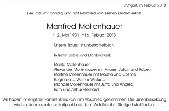 Traueranzeige von Manfred Mollenhauer von Stuttgarter Zeitung / Stuttgarter Nachrichten
