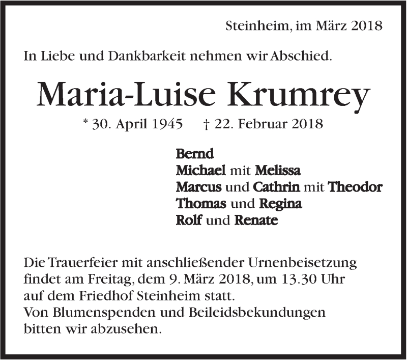 Traueranzeige für Maria-Luise Krumrey vom 01.03.2018 aus Stuttgarter Zeitung / Stuttgarter Nachrichten