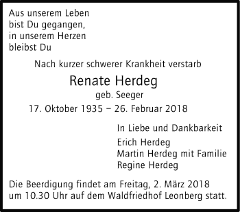 Traueranzeige von Renate Herdeg von Stuttgarter Zeitung / Stuttgarter Nachrichten