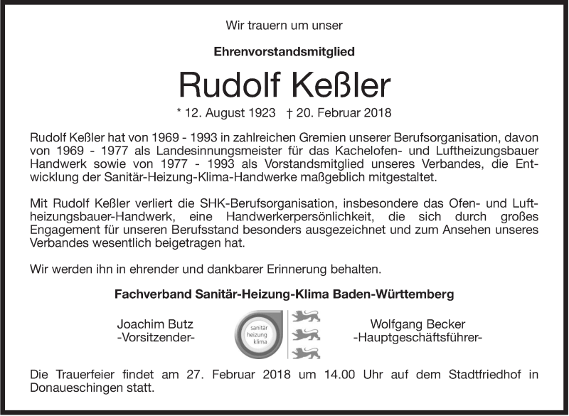  Traueranzeige für Rudolf Keßler vom 24.02.2018 aus Stuttgarter Zeitung / Stuttgarter Nachrichten
