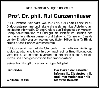 Traueranzeige von Rul Gunzenhäuser von Stuttgarter Zeitung / Stuttgarter Nachrichten