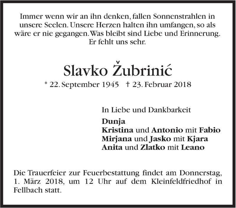  Traueranzeige für Slavko Zubrinic vom 27.02.2018 aus Stuttgarter Zeitung / Stuttgarter Nachrichten