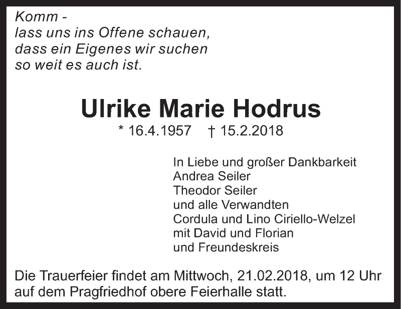  Traueranzeige für Ulrike Marie Hodrus vom 20.02.2018 aus Stuttgarter Zeitung / Stuttgarter Nachrichten