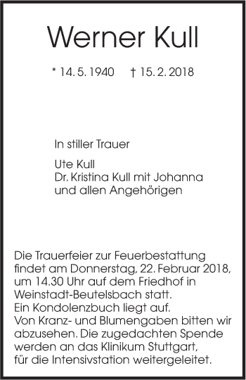 Traueranzeige von Werner Kull von Stuttgarter Zeitung / Stuttgarter Nachrichten