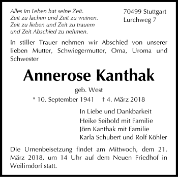 Traueranzeige von Annerose Kanthak von Stuttgarter Zeitung / Stuttgarter Nachrichten