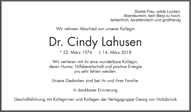  Traueranzeige für Cindy Lahusen vom 21.03.2018 aus Stuttgarter Zeitung / Stuttgarter Nachrichten