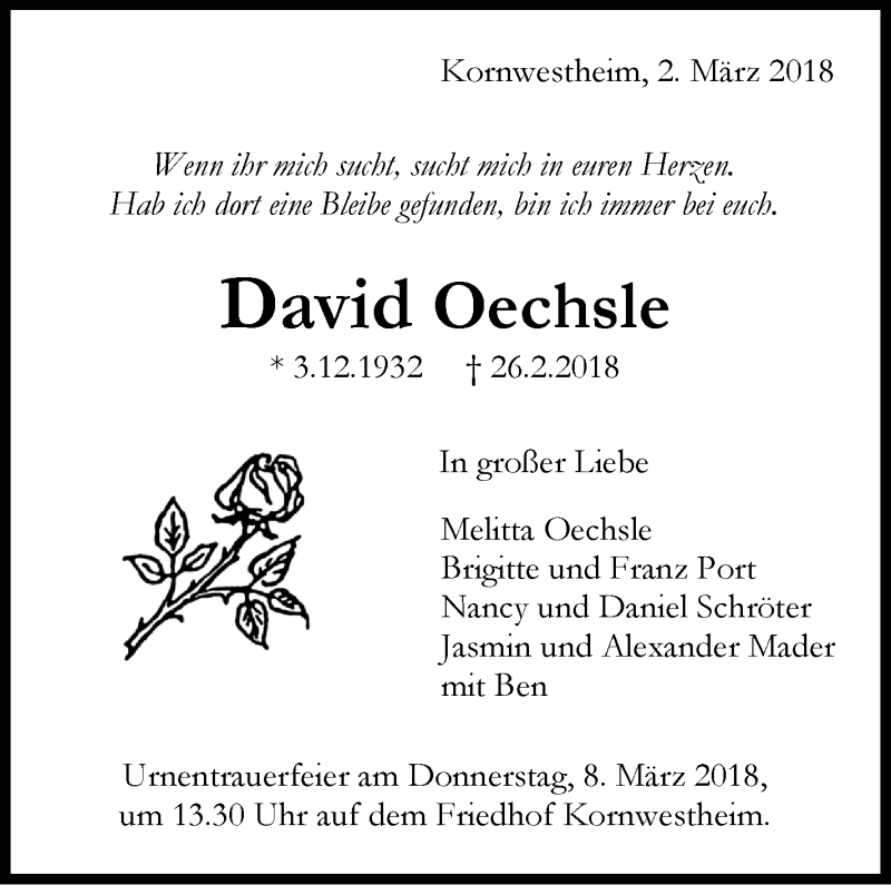  Traueranzeige für David Oechsle vom 02.03.2018 aus Stuttgarter Zeitung / Stuttgarter Nachrichten