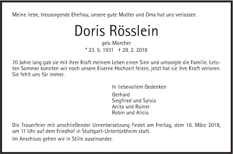  Traueranzeige für Doris Rösslein vom 12.03.2018 aus Stuttgarter Zeitung / Stuttgarter Nachrichten