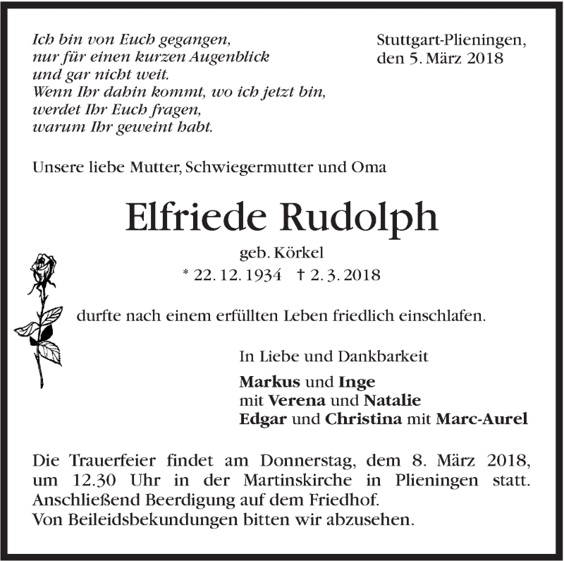  Traueranzeige für Elfriede Rudolph vom 05.03.2018 aus Stuttgarter Zeitung / Stuttgarter Nachrichten