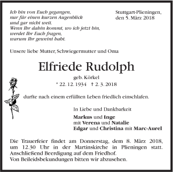 Traueranzeige von Elfriede Rudolph von Stuttgarter Zeitung / Stuttgarter Nachrichten