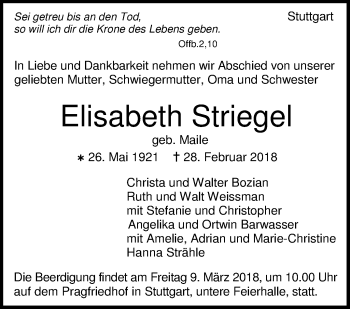 Traueranzeige von Elisabeth Striegel von Stuttgarter Zeitung / Stuttgarter Nachrichten