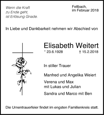 Traueranzeige von Elisabeth Weitert von Stuttgarter Zeitung / Stuttgarter Nachrichten