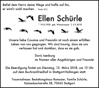 Traueranzeige von Ellen Schürle von Stuttgarter Zeitung / Stuttgarter Nachrichten