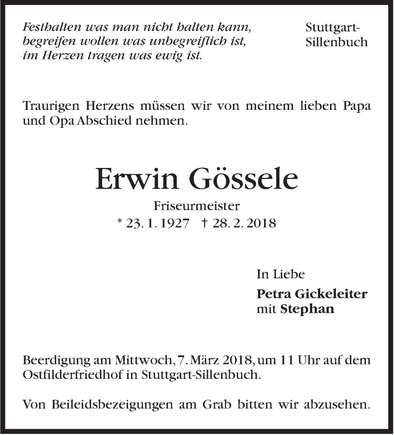  Traueranzeige für Erwin Gössele vom 03.03.2018 aus Stuttgarter Zeitung / Stuttgarter Nachrichten