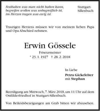 Traueranzeige von Erwin Gössele von Stuttgarter Zeitung / Stuttgarter Nachrichten