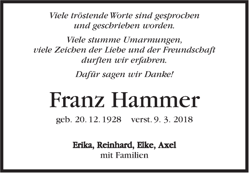  Traueranzeige für Franz Hammer vom 29.03.2018 aus Stuttgarter Zeitung / Stuttgarter Nachrichten