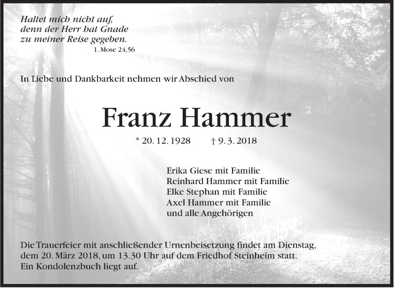  Traueranzeige für Franz Hammer vom 15.03.2018 aus Stuttgarter Zeitung / Stuttgarter Nachrichten