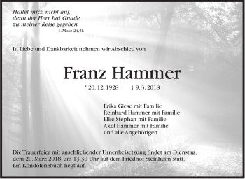 Traueranzeige von Franz Hammer von Stuttgarter Zeitung / Stuttgarter Nachrichten