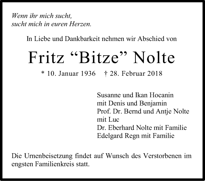 Traueranzeige für Fritz Nolte vom 03.03.2018 aus Stuttgarter Zeitung / Stuttgarter Nachrichten