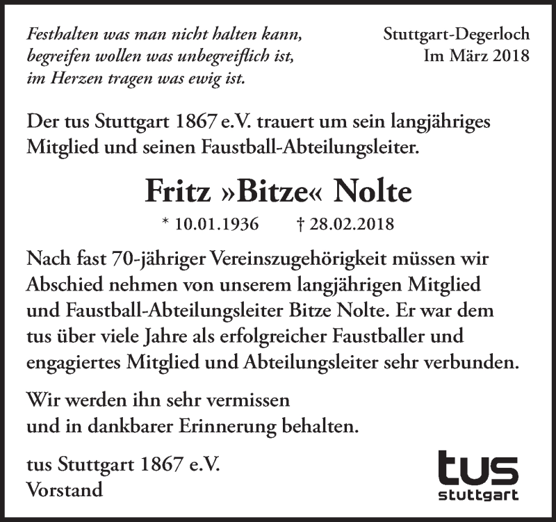  Traueranzeige für Fritz Nolte vom 09.03.2018 aus Stuttgarter Zeitung / Stuttgarter Nachrichten