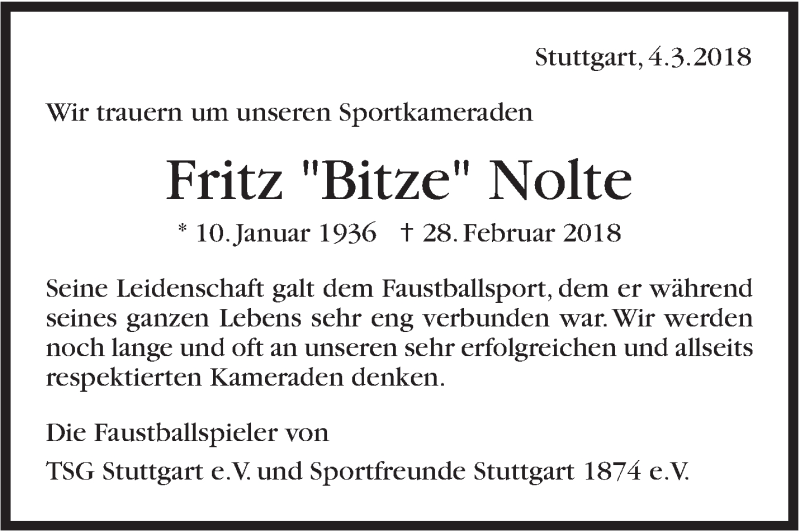  Traueranzeige für Fritz Nolte vom 07.03.2018 aus Stuttgarter Zeitung / Stuttgarter Nachrichten