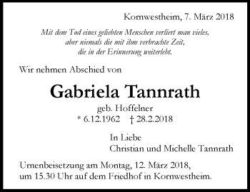Traueranzeige von Gabriela Tannrath von Stuttgarter Zeitung / Stuttgarter Nachrichten