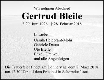 Traueranzeige von Gertrud Bleile von Stuttgarter Zeitung / Stuttgarter Nachrichten