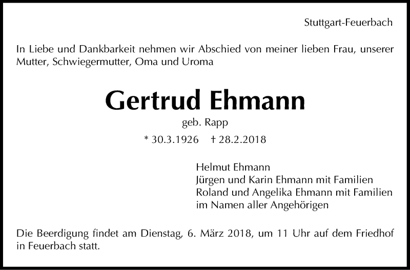  Traueranzeige für Gertrud Ehmann vom 02.03.2018 aus Stuttgarter Zeitung / Stuttgarter Nachrichten