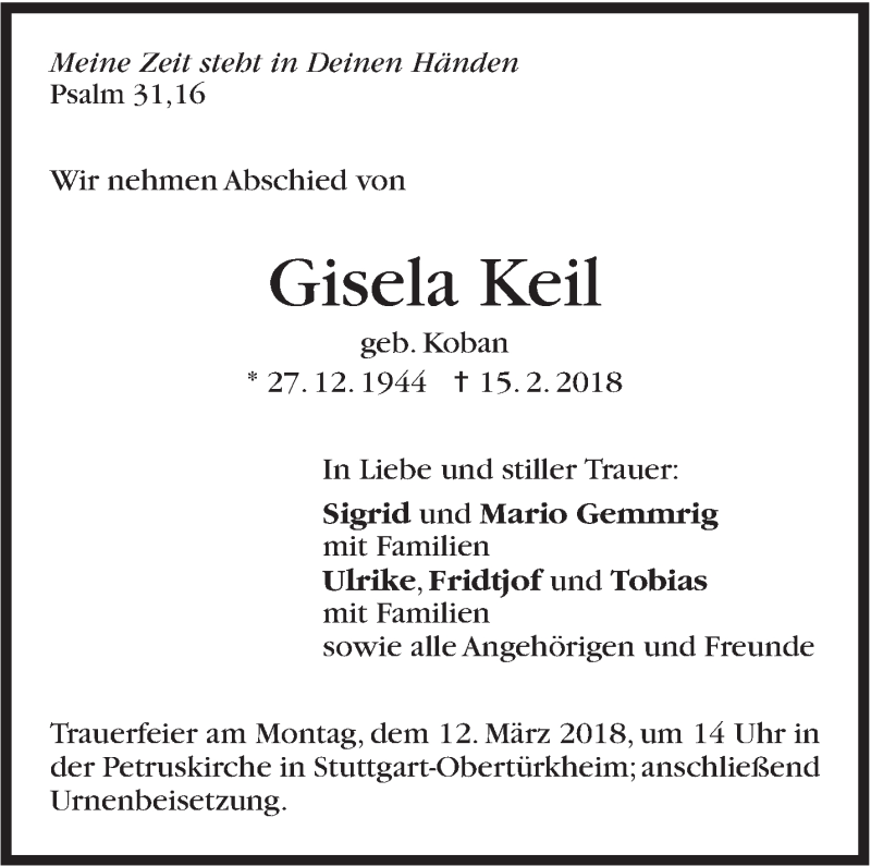  Traueranzeige für Gisela Keil vom 03.03.2018 aus Stuttgarter Zeitung / Stuttgarter Nachrichten