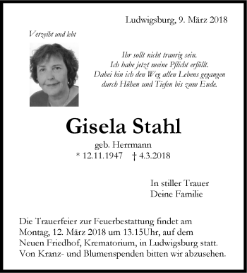 Traueranzeige von Gisela Stahl von Stuttgarter Zeitung / Stuttgarter Nachrichten