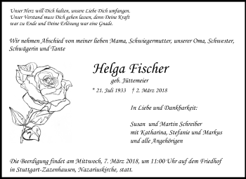 Traueranzeige von Helga Fischer von Stuttgarter Zeitung / Stuttgarter Nachrichten