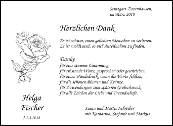 Traueranzeige von Helga Fischer von Stuttgarter Zeitung / Stuttgarter Nachrichten