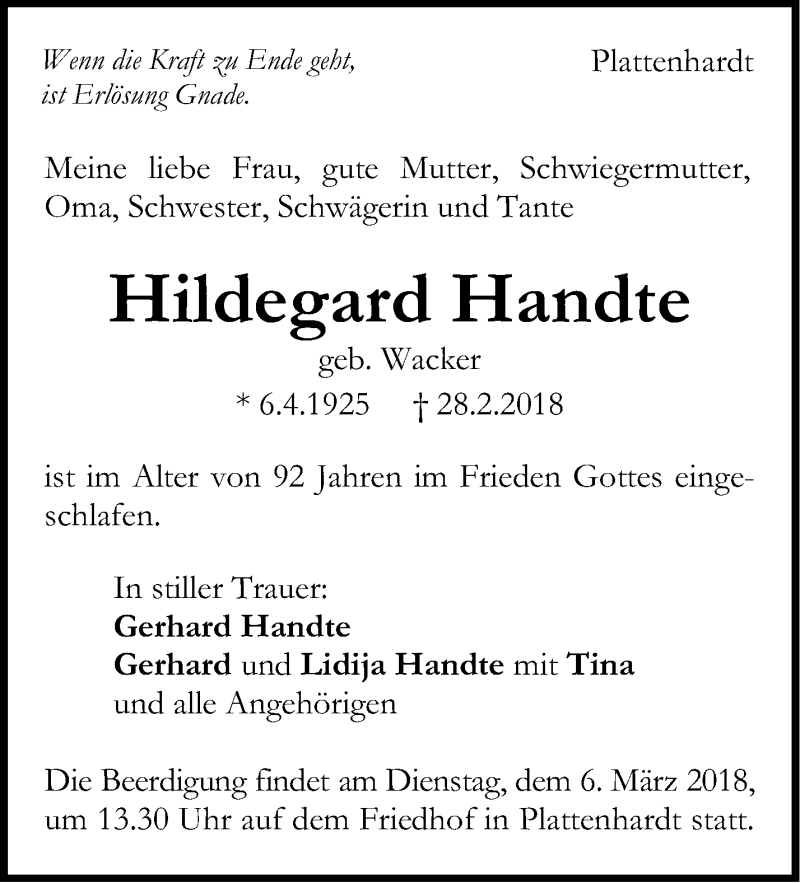  Traueranzeige für Hildegard Handte vom 03.03.2018 aus Stuttgarter Zeitung / Stuttgarter Nachrichten