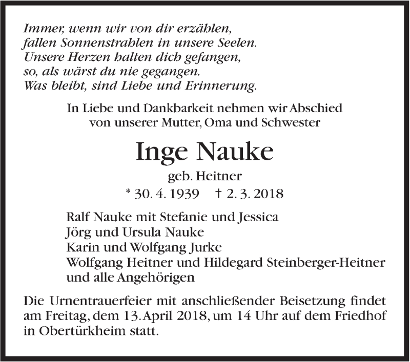  Traueranzeige für Inge Nauke vom 24.03.2018 aus Stuttgarter Zeitung / Stuttgarter Nachrichten