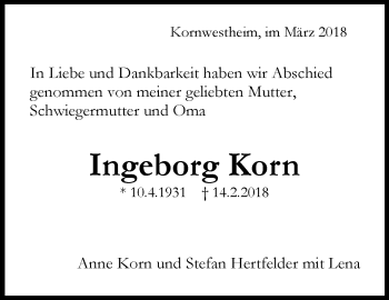 Traueranzeige von Ingeborg Korn von Stuttgarter Zeitung / Stuttgarter Nachrichten