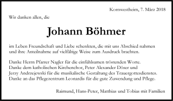 Traueranzeige von Johann Böhmer von Stuttgarter Zeitung / Stuttgarter Nachrichten