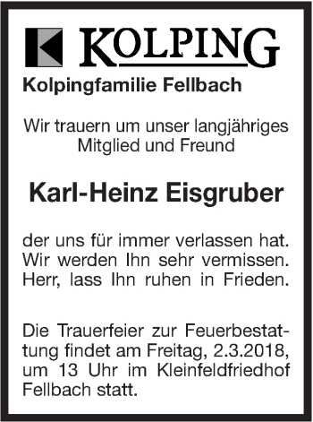 Traueranzeige von Karl-Heinz Eisgruber von Stuttgarter Zeitung / Stuttgarter Nachrichten