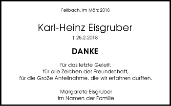 Traueranzeige von Karl-Heinz Eisgruber von Stuttgarter Zeitung / Stuttgarter Nachrichten