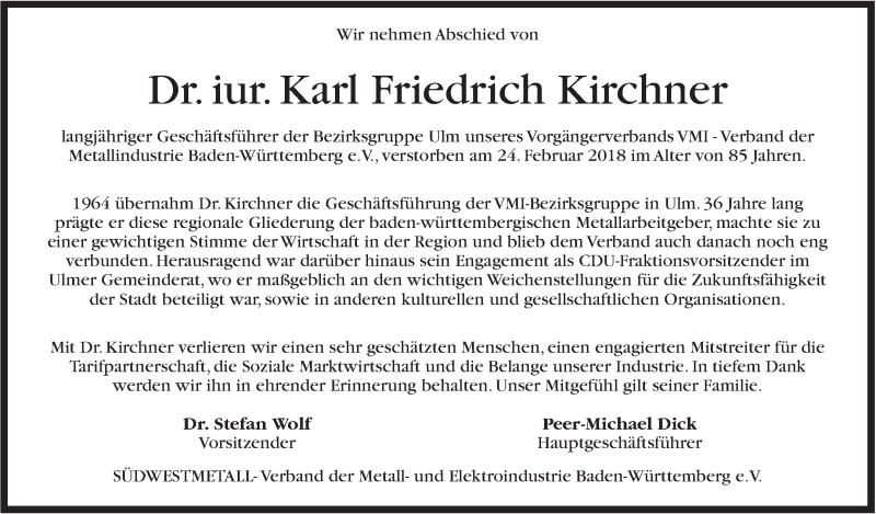  Traueranzeige für Karl Friedrich Kirchner vom 02.03.2018 aus Stuttgarter Zeitung / Stuttgarter Nachrichten