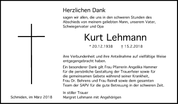 Traueranzeige von Kurt Lehmann von Stuttgarter Zeitung / Stuttgarter Nachrichten