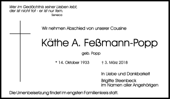Traueranzeige von Käthe Feßmann-Popp von Stuttgarter Zeitung / Stuttgarter Nachrichten