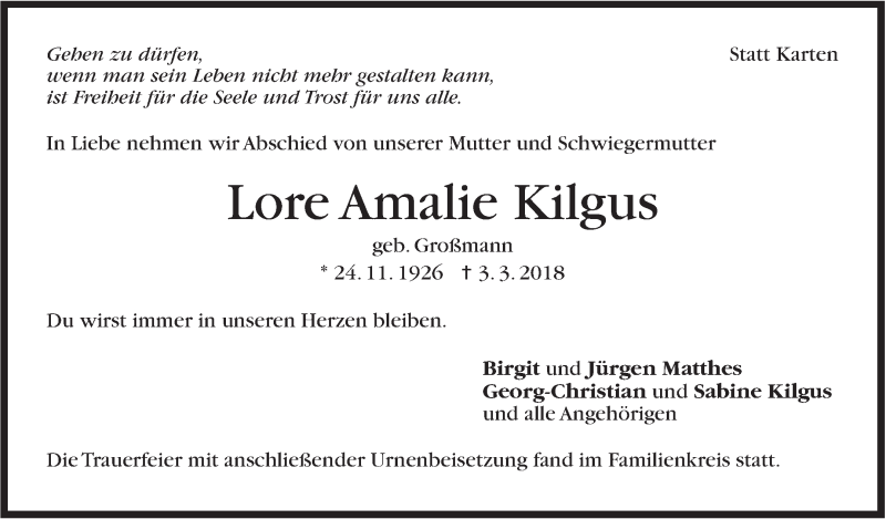  Traueranzeige für Lore Amalie Kilgus vom 24.03.2018 aus Stuttgarter Zeitung / Stuttgarter Nachrichten