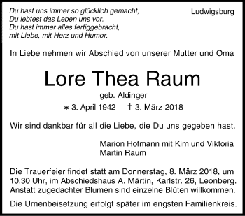 Traueranzeige von Lore Thea Raum von Stuttgarter Zeitung / Stuttgarter Nachrichten