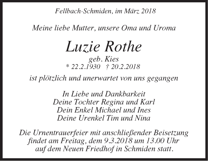  Traueranzeige für Luzie Rothe vom 07.03.2018 aus Stuttgarter Zeitung / Stuttgarter Nachrichten