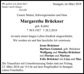 Traueranzeige von Margarethe Brückner von Stuttgarter Zeitung / Stuttgarter Nachrichten