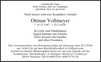 Traueranzeige von Ottmar Vollmeyer von Stuttgarter Zeitung / Stuttgarter Nachrichten