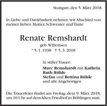 Traueranzeige von Renate Remshardt von Stuttgarter Zeitung / Stuttgarter Nachrichten